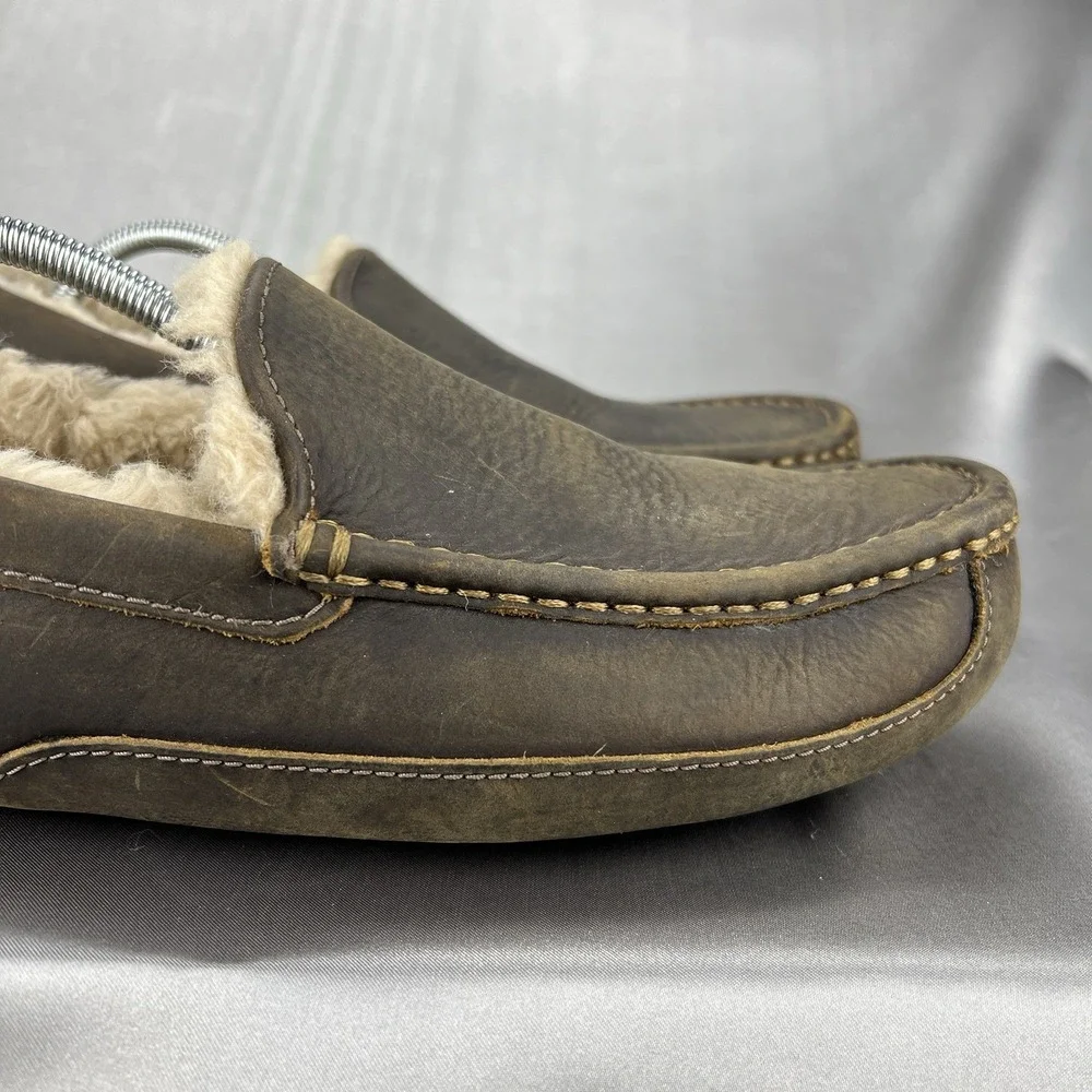 UGG Ascot Leather Wool Slippers Loafers Men's 12 Dark Brown‎ Driving S/N 1103889